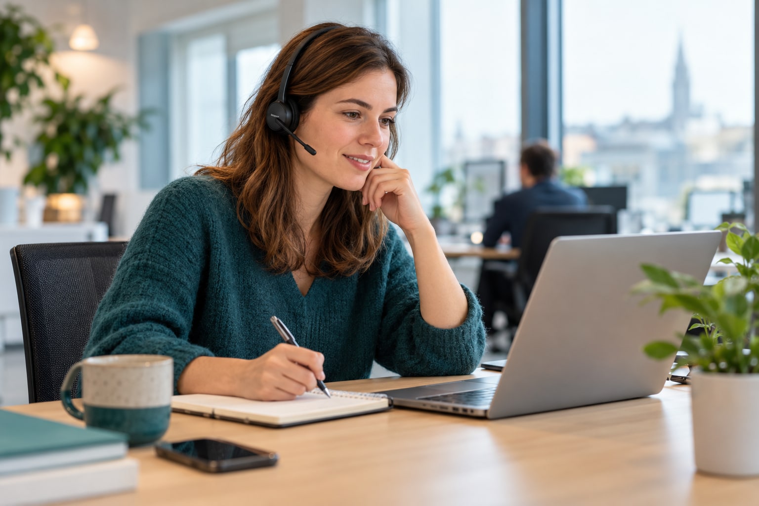 Commerciale équipée d'un casque en conversation avec un prospect